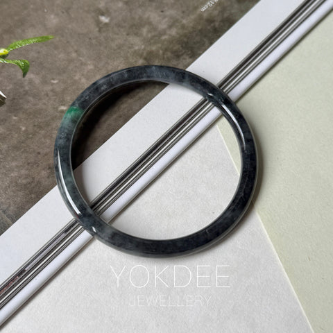 56.8mm A-Grade Natural Black Imperial Green Jadeite Traditional Round Slim Cut Bangle No. 152176