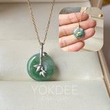A-Grade Green Floral Imperial Green Jadeite Donut Bamboo Pendant (Dual Gold Tone) No.172896