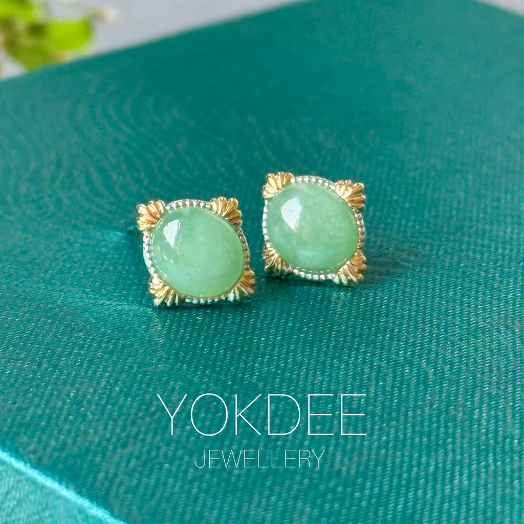 A-Grade Natural Sage Green Jadeite Fleur Stud Earrings No. 180934