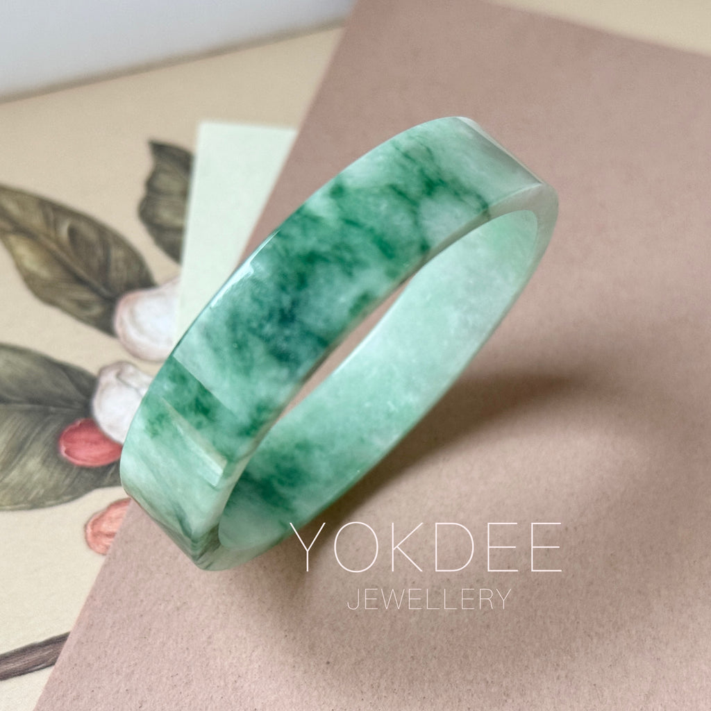 50mm A-Grade Natural Floral Imperial Green Jadeite Modern Round Bangle No.152163