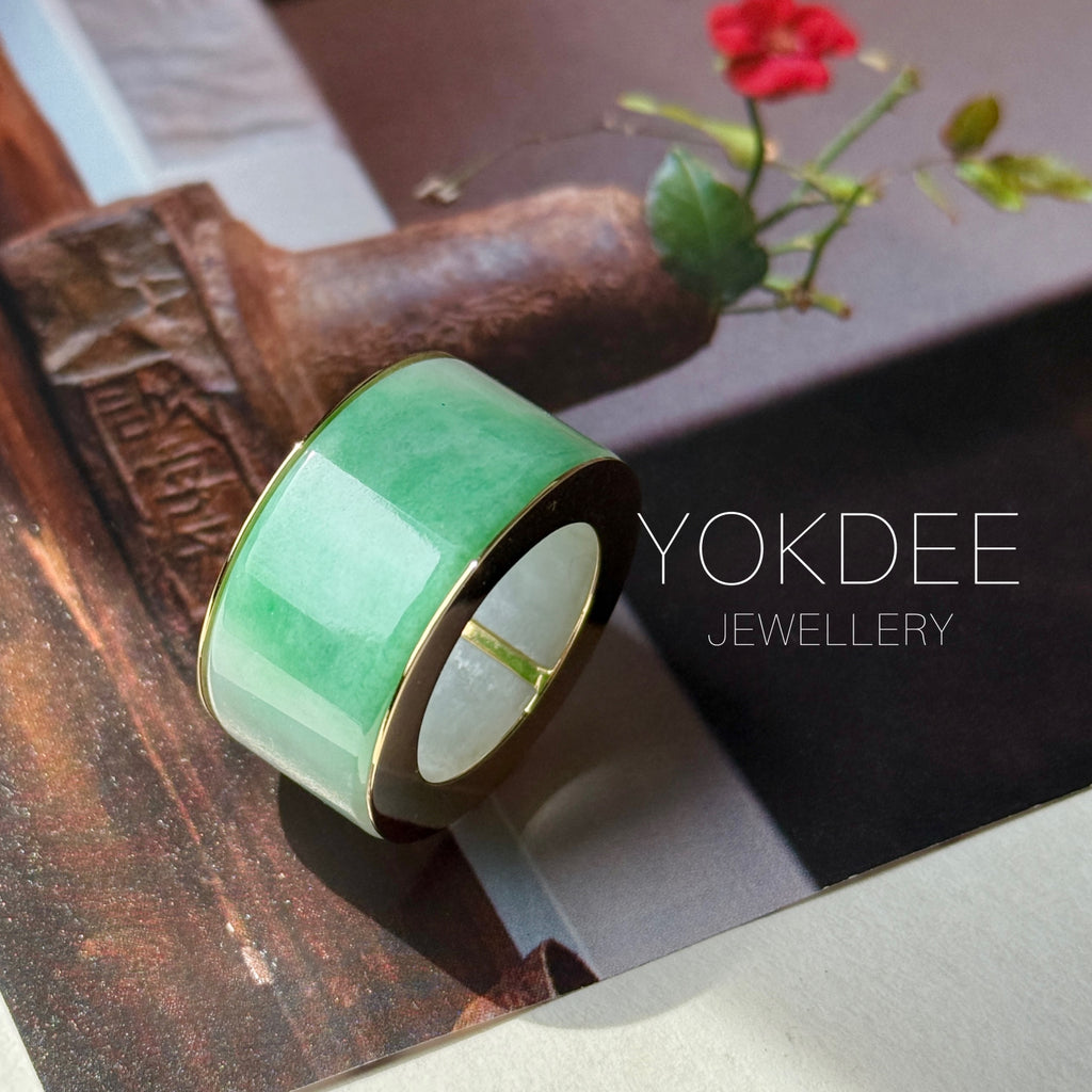 19mm A-Grade Natural Imperial Green Jadeite Gold Rim Ring Band No. 162627