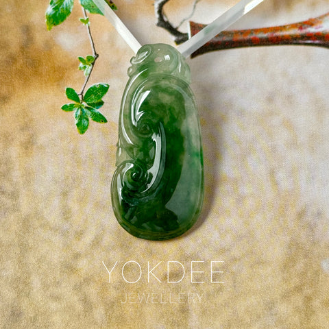 Icy A-Grade Dark Green Jadeite Ruyi Pendant No. 172730