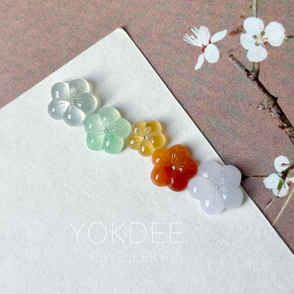 SOLD OUT: 9.35 cts Icy A-Grade Natural Rainbow Jadeite Maehwa Plum Blossom Flowers (1 Set) No. 130523