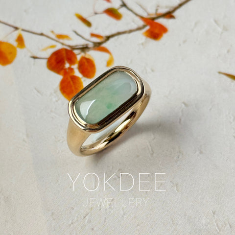 15.8mm Icy A-Grade Natural Moss On Snow Jadeite Saddle Signet Ring No. 162550