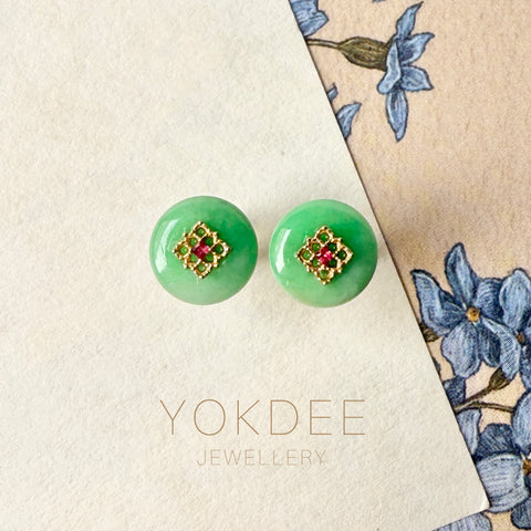 A-Grade Natural Moss On Snow Jadeite Donut Peranakan Tile Earring No.180858