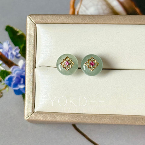 Icy A-Grade Natural Steel Blue Jadeite Donut Peranakan Tile Stud Earrings No. 180937