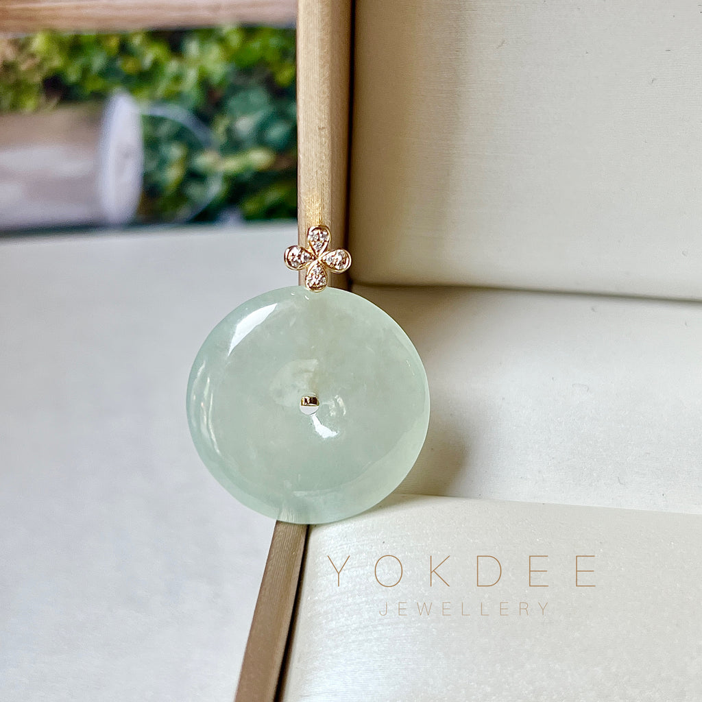 Icy A-Grade Light Green Jadeite P.Petals Lilac Flower Donut Pendant No.172098