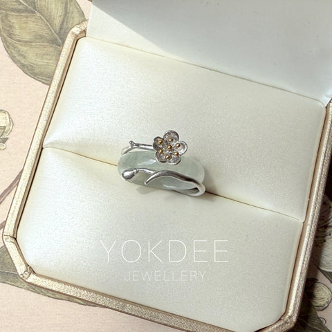 15.1mm Icy A-Grade Natural Green White Jadeite Joseon Dynasty Cherry Blossom Blooming Ring No.162509