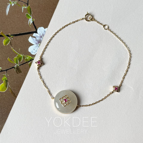 Icy A-Grade Natural Pink Yellow Jadeite Donut Peranakan Tile Bracelet No.190503