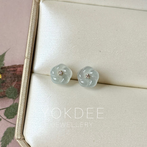 Icy A-Grade Natural Light Blue Jadeite Frangipani Flower Stud Earring No. 180914