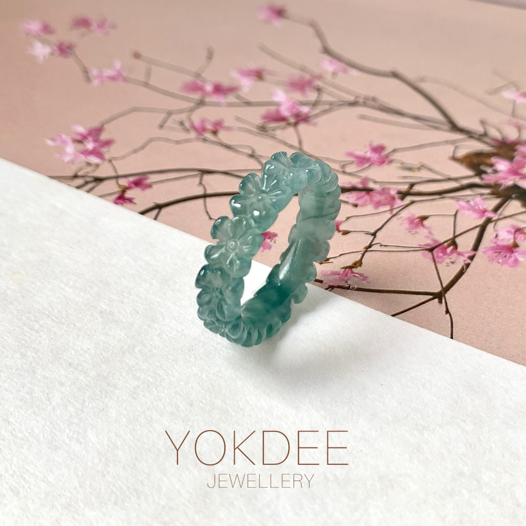 16.8mm Icy A-Grade Natural Bluish Green Jadeite Plum Blossom Ring Band No.162587
