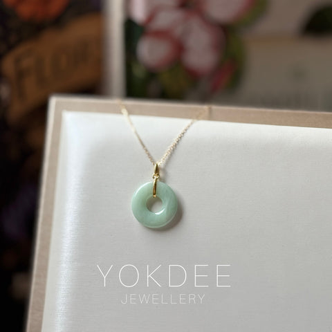 SOLD OUT: A-Grade Natural Moss On Snow Jadeite Ancient Coin Donut Pendant No.172582
