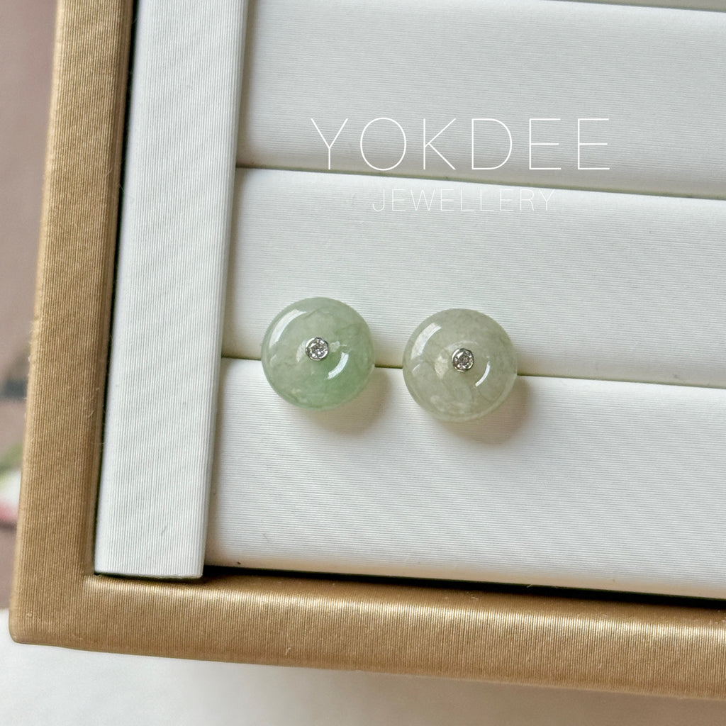 A-Grade Natural Light Green Yellow Jadeite Donut Stud Earrings No. 180906