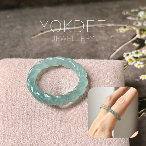 16.3mm Icy A-Grade Natural Denim Blue Jadeite Sisal Rope Ring Band No.162484