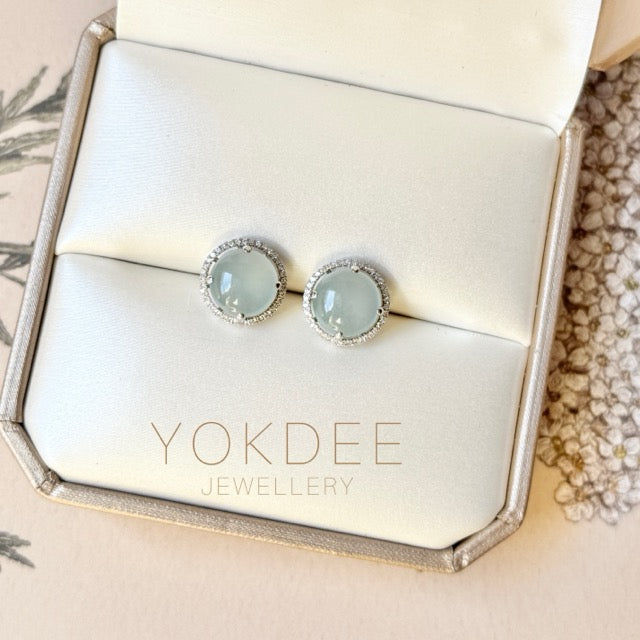 Icy A-Grade Natural Glacier Blue Jadeite Stud with Diamond Jacket Earring No.180853