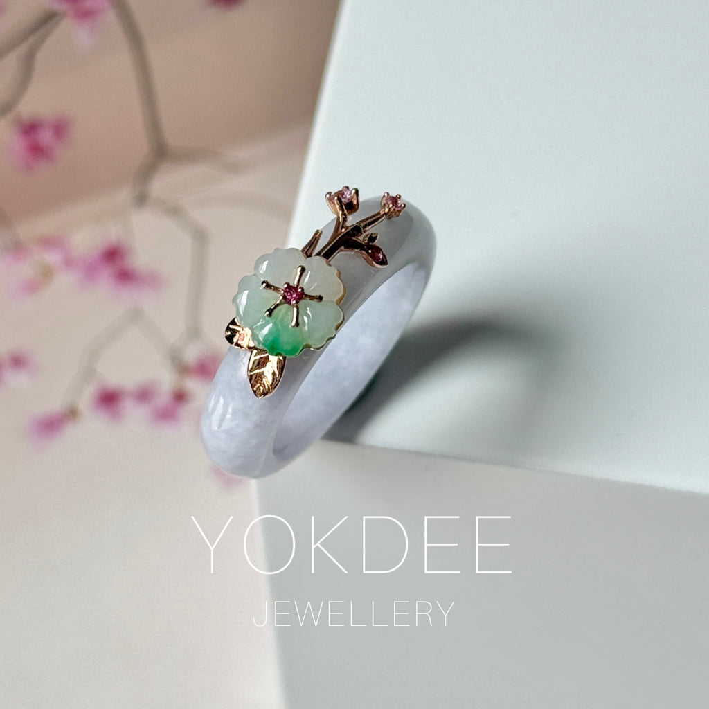 16.8mm A-Grade Natural Lavender Jadeite Joseon Ring (Moss On Snow Sakura Flower) No.162664