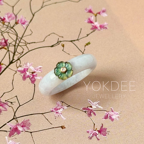 16.8mm A-Grade Natural Jadeite Joseon Dynasty Ring (Cherry Blossom) No.162559