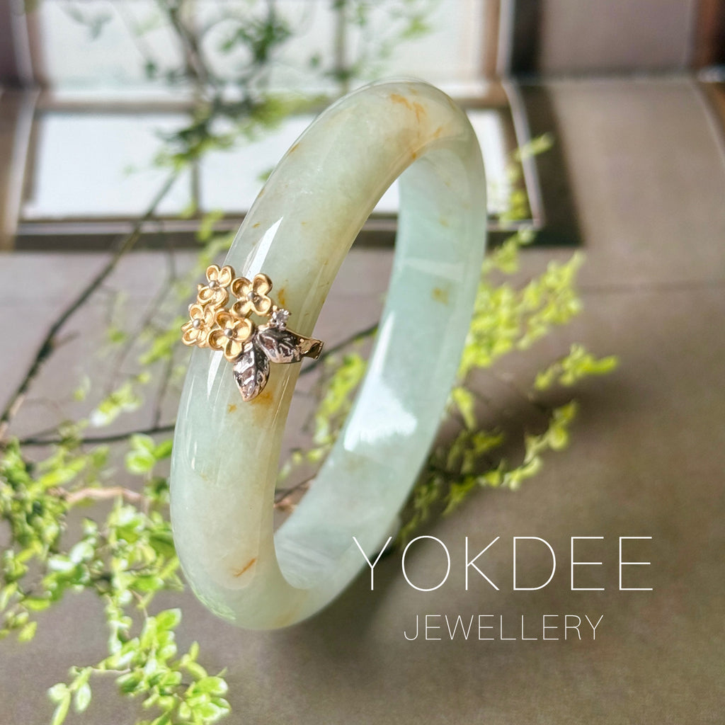52.6mm A-Grade Natural Osmanthus Floral Jadeite Modern Oval Bangle with Osmanthus Embellishment No.152203