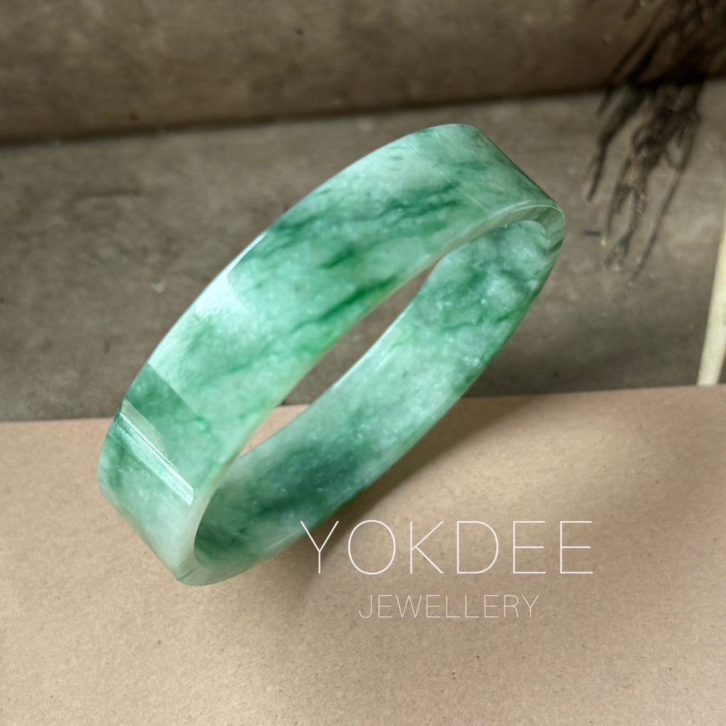 50mm A-Grade Natural Floral Imperial Green Jadeite Modern Round Bangle No.152166