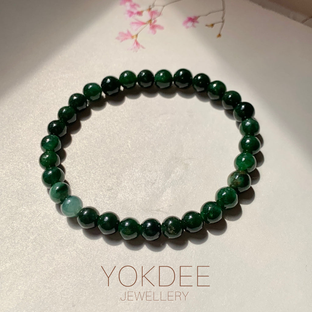 5.5mm A-Grade Natural Dark Moss Green Jadeite  Beaded Bracelet No.190510