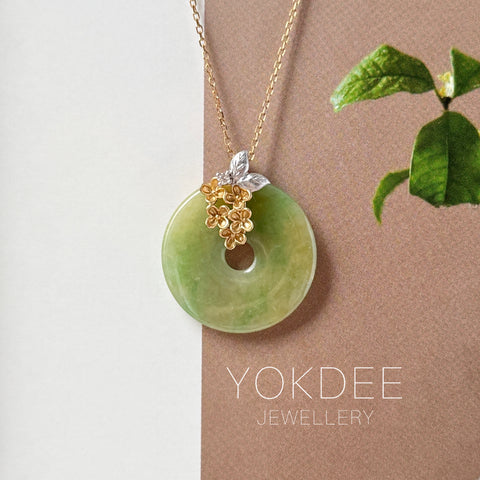 A-Grade Green Yellow Jadeite Donut Pendant (Osmanthus Flower) No.172757