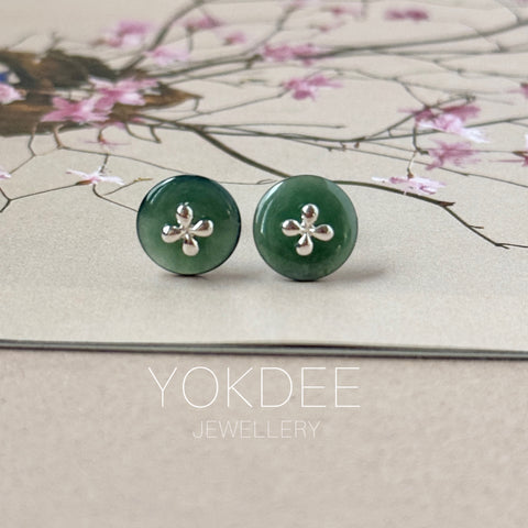 A-Grade Natural Bluish Green Jadeite Donut Stud Earrings (Lilac Flower) No. 180826