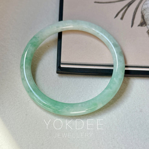 54.8mm A-Grade Natural Moss On Snow Jadeite Traditional Round Bangle No.152068