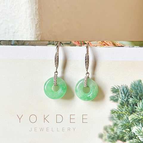 SOLD OUT: A-Grade Natural Apple Green Jadeite Bagel Shepherd's Hook Earring No.180661