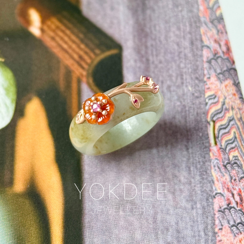 14.3mm A-Grade Natural Light Bluish Green Yellow Jadeite Joseon Ring (Red Sakura Flower) No.162582