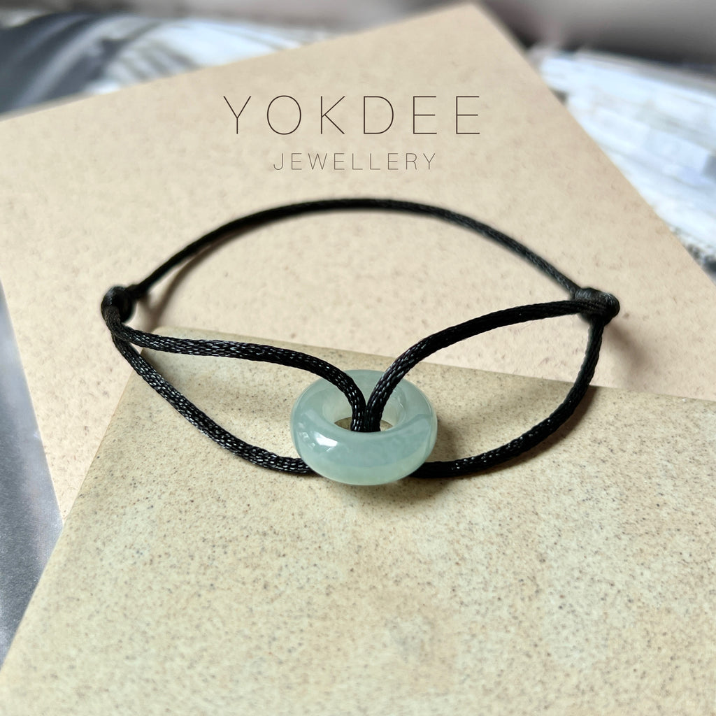 A-Grade Natural Bluish Green Jadeite Bagel on Infinity Silk Cord Bracelet No.190403