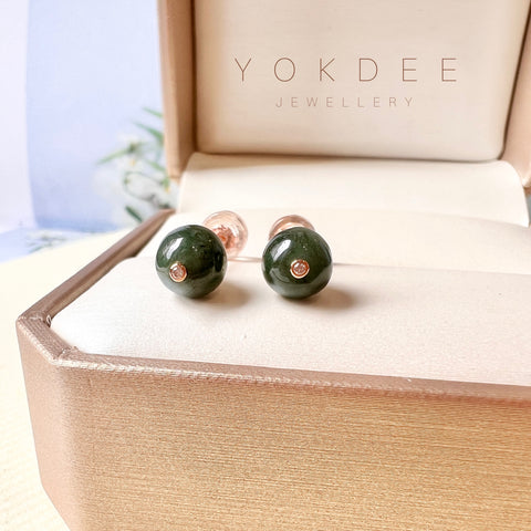 SOLD OUT: A-Grade Natural Dark Green Jadeite Sphere (Ball) Earring Studs No.180317
