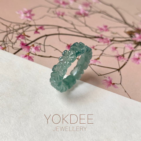 16.1mm Icy A-Grade Natural Bluish Green Jadeite Plum Blossom Ring Band No.162588