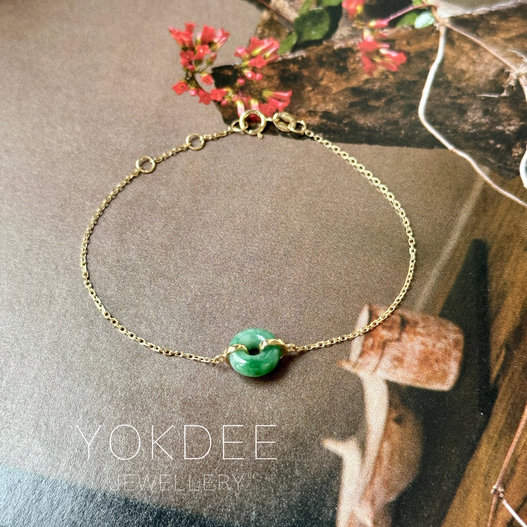 A-Grade Natural Imperial Floral Jadeite Bagel Bracelet (Champagne Gold) No.190498