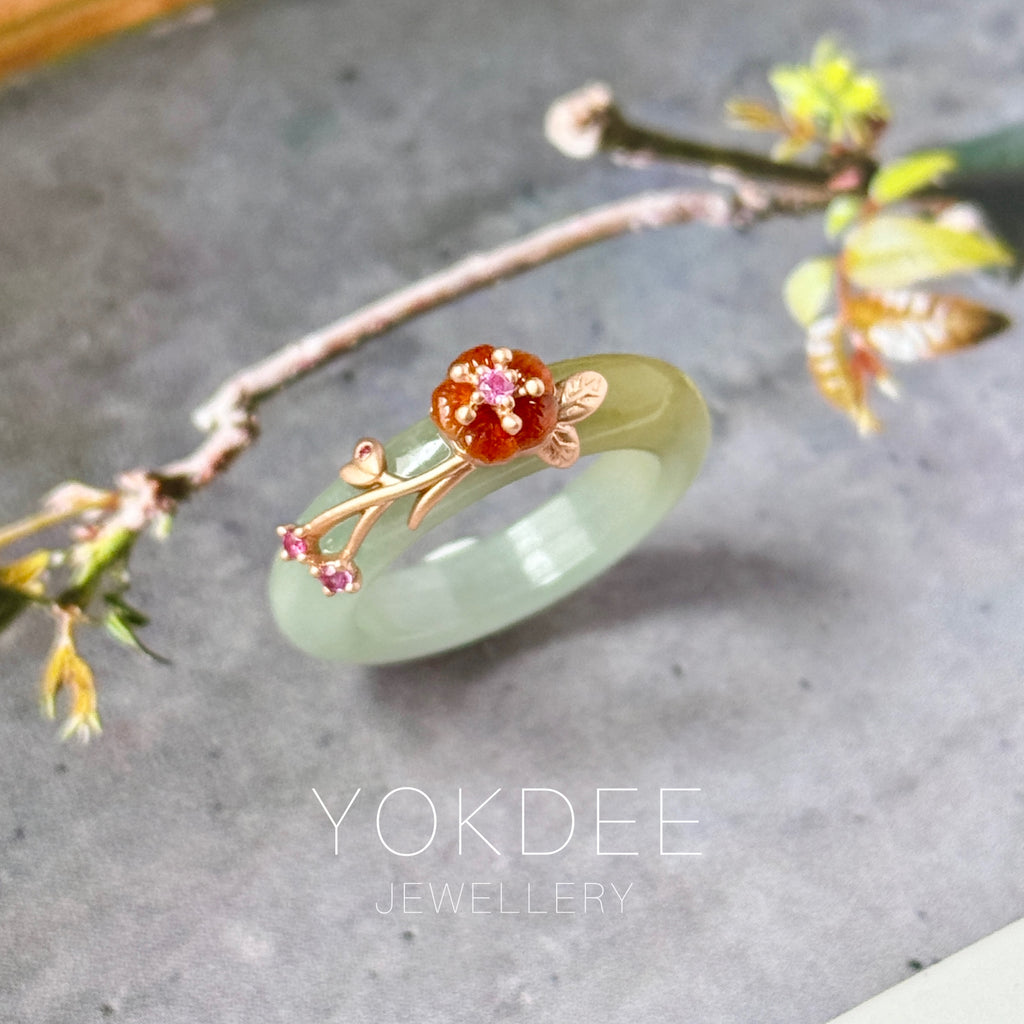 17.1mm A-Grade Natural Bluish Floral Yellow Jadeite Joseon Ring (Red Sakura Flower) No.162577