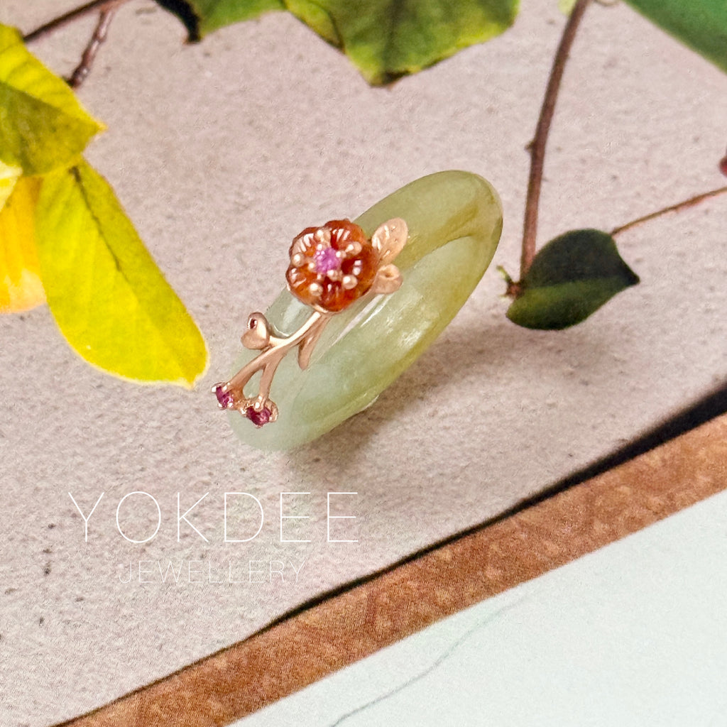 17.2mm A-Grade Natural Bluish Floral Yellow Jadeite Joseon Ring (Red Sakura Flower) No.162579