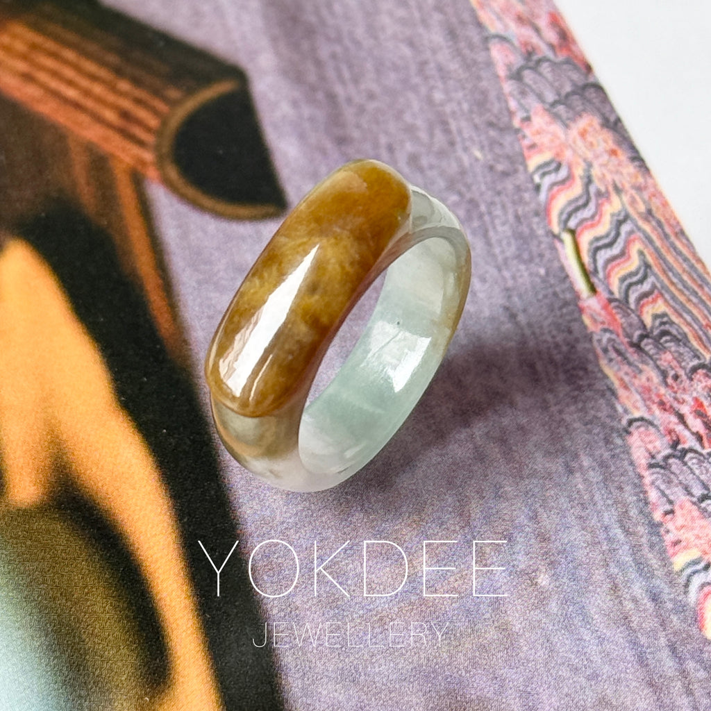 16.3mm A-Grade Natural Blue Brownish Yellow Jadeite Saddle Top Ring Band No.162653
