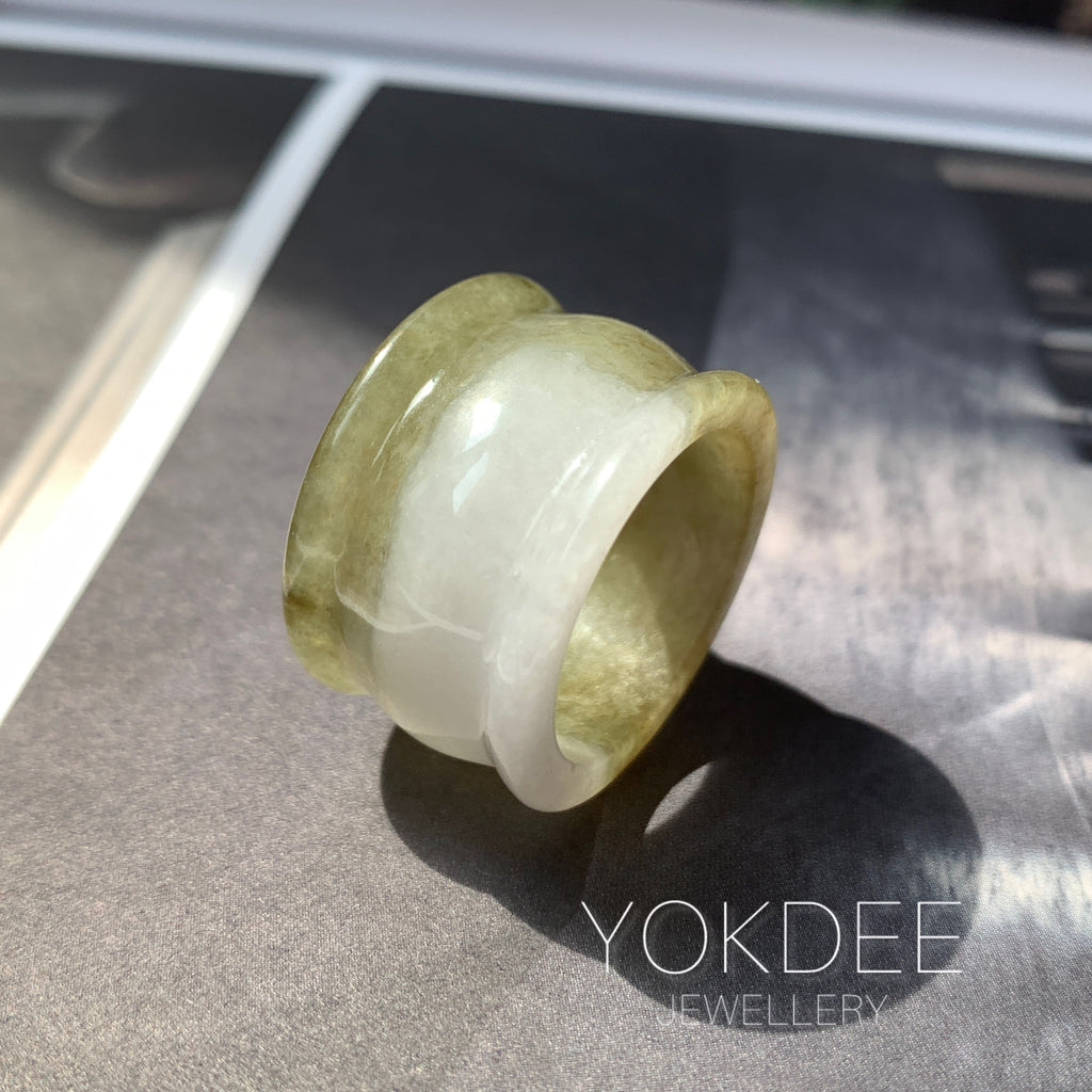 20mm A-Grade Yellowish Green White Jadeite Archer Ring Band No.161610