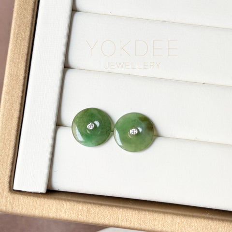 A-Grade Natural Dark Yellowish Green Jadeite Donut Stud Earrings No. 180898