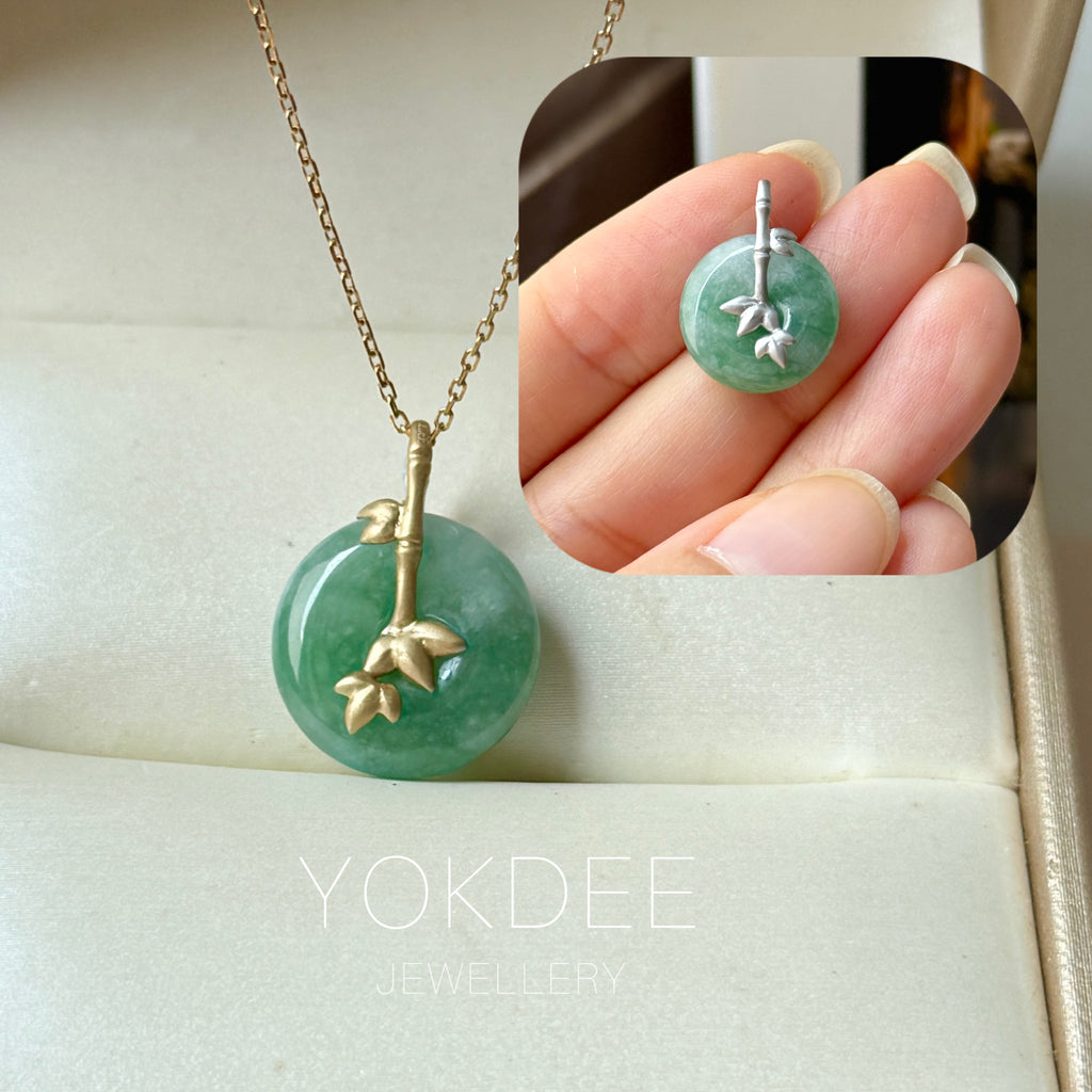 A-Grade Green Floral Imperial Green Jadeite Donut Bamboo Pendant (Dual Gold Tone) No.172899