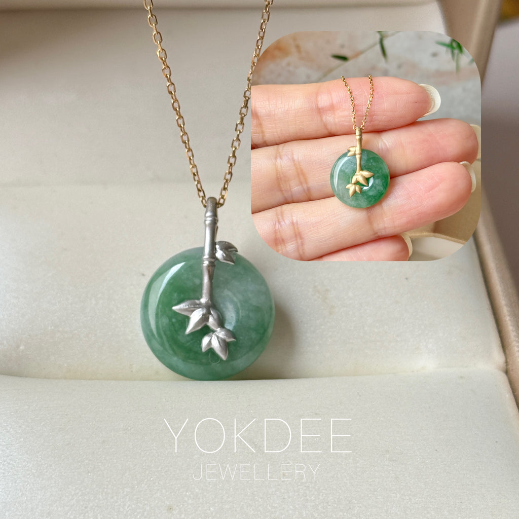 A-Grade Green Floral Imperial Green Jadeite Donut Bamboo Pendant (Dual Gold Tone) No.172897