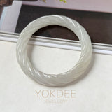 57.5mm A-Grade Natural Light Yellowish Green Jadeite Traditional Round Bangle With Rope Carving No.151588