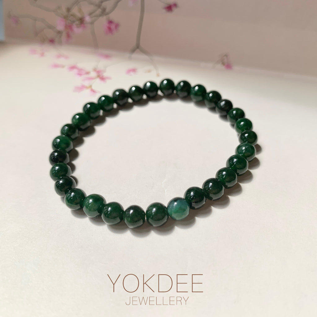 5.5mm A-Grade Natural Dark Moss Green Jadeite  Beaded Bracelet No.190511