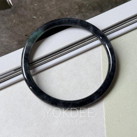 55.3mm A-Grade Natural Black Imperial Green Jadeite Traditional Round Slim Cut Bangle No. 152178