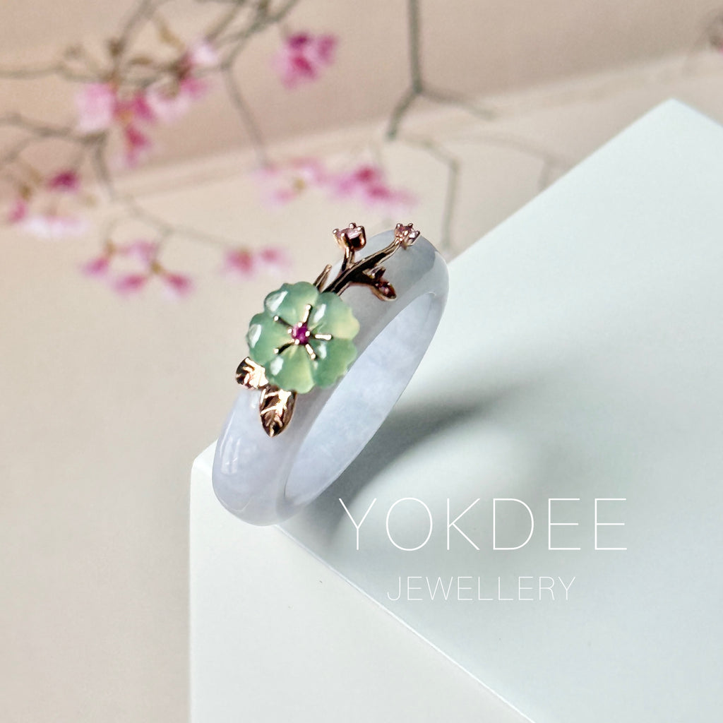 18mm A-Grade Natural Lavender Jadeite Joseon Ring (Apple Green Sakura Flower) No.162668