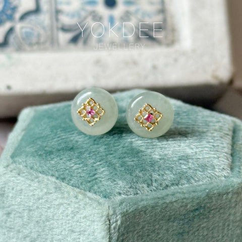 Icy A-Grade Natural Ice Blue Jadeite Donut Peranakan Tile Stud Earrings No. 180935