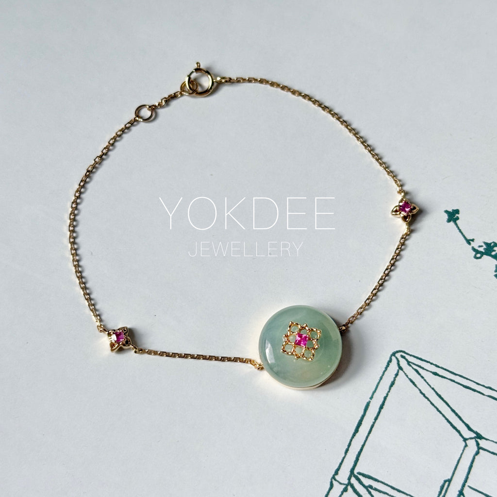 Icy A-Grade Natural Sage Green Jadeite Donut Peranakan Tile Bracelet No.190505