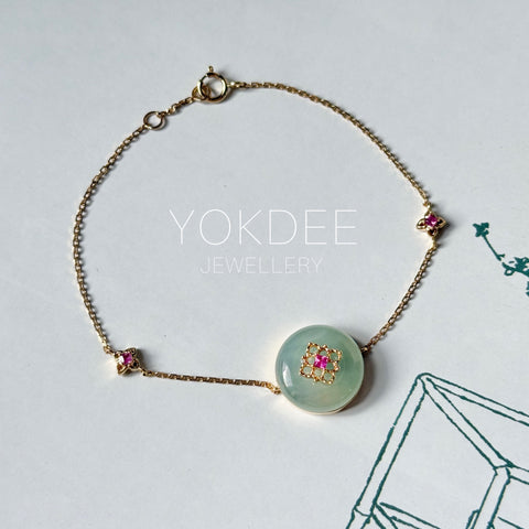 Icy A-Grade Natural Sage Green Jadeite Donut Peranakan Tile Bracelet No.190505