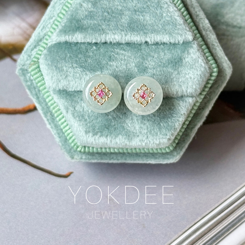 Icy A-Grade Natural Ice Blue Jadeite Donut Peranakan Tile Stud Earrings No. 180936