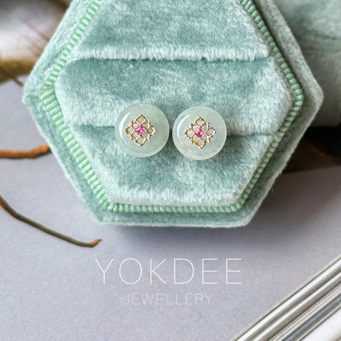 Icy A-Grade Natural Ice Blue Jadeite Donut Peranakan Tile Stud Earrings No. 180936