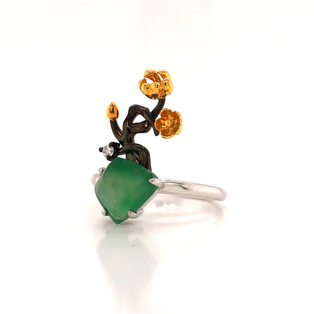 A-Grade Natural Jadeite Bonsai Ring (18k Black Gold, Yellow Gold, White Gold & Diamonds) No.161423